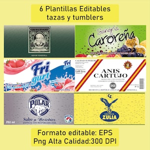 Puede incluir: Seis plantillas editables para tazas y vasos. Las plantillas presentan varios diseños, incluyendo una etiqueta de yogur roja y blanca, una etiqueta de sangría roja y amarilla, una etiqueta de licor de anís amarilla y roja, una etiqueta de oso polar gris y blanca y una etiqueta de cerveza amarilla y azul. El texto en las etiquetas está en español.