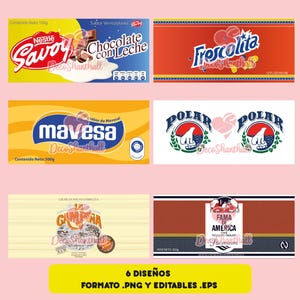 Könnte beinhalten: Sechs bunte Etiketten für verschiedene Marken von Milch, Schokoladenmilch und Kaffee. Die Etiketten zeigen verschiedene Logos und Texte, darunter "Savoy", "Frescolita", "Mavesa", "Polar", "Campina" und "Fama de America".