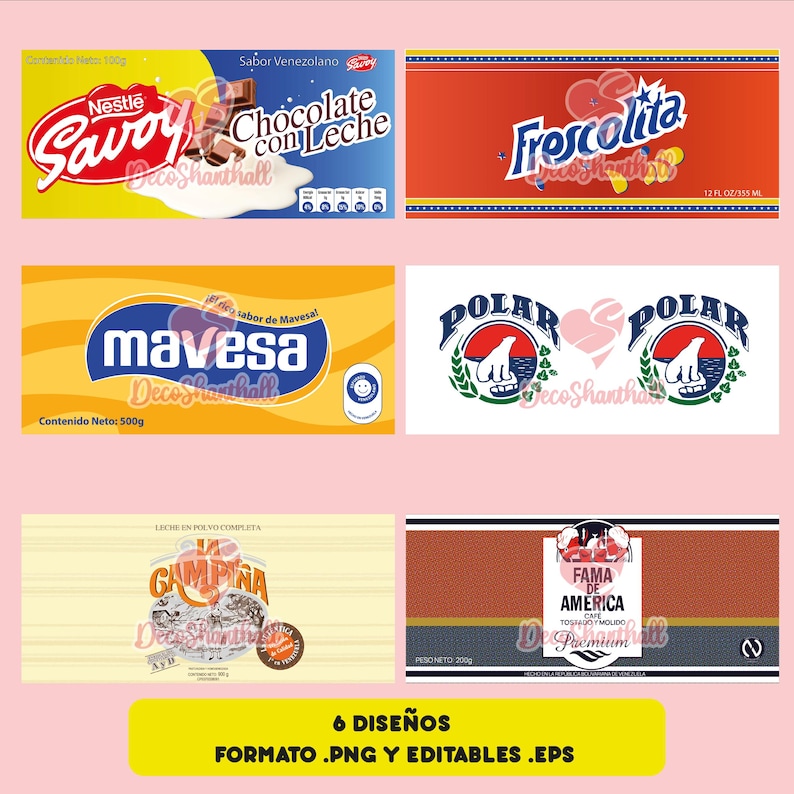 Puede incluir: Seis etiquetas coloridas para diferentes marcas de leche, chocolate con leche y caf&eacute;. Las etiquetas presentan varios logotipos y textos, incluyendo "Savoy", "Frescolita", "Mavesa", "Polar", "Campina" y "Fama de America".
