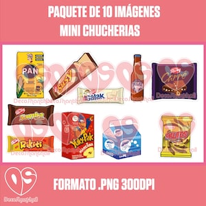 Puede incluir: Una colección de diez imágenes de mini snacks, que incluyen una caja amarilla de PAN, una barra de chocolate Susy, una barra de chocolate Galak, una botella de Pilar, un caramelo Carrey, una barra de chocolate Samba, un caramelo Rikiti, una caja Yuky Pak, una caja de leche y una bolsa de Galitos.