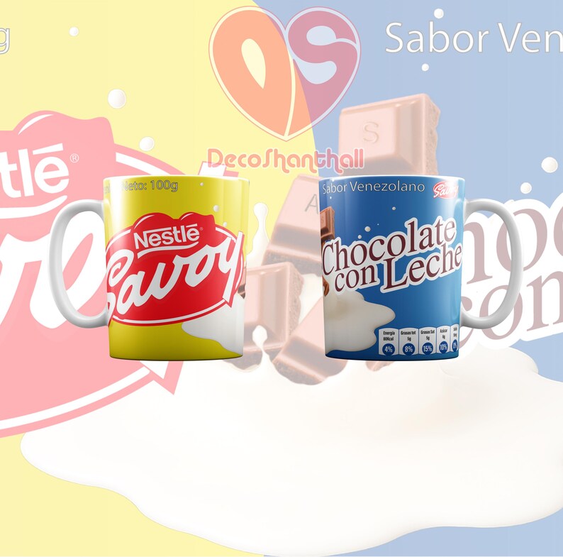 Puede incluir: Dos tazas de cer&aacute;mica con dise&ntilde;os diferentes. La taza de la izquierda es amarilla con un logotipo rojo de Nestle Savoy. La taza de la derecha es azul con un dise&ntilde;o de chocolate con leche blanco y marr&oacute;n. Ambas tazas tienen asas blancas.