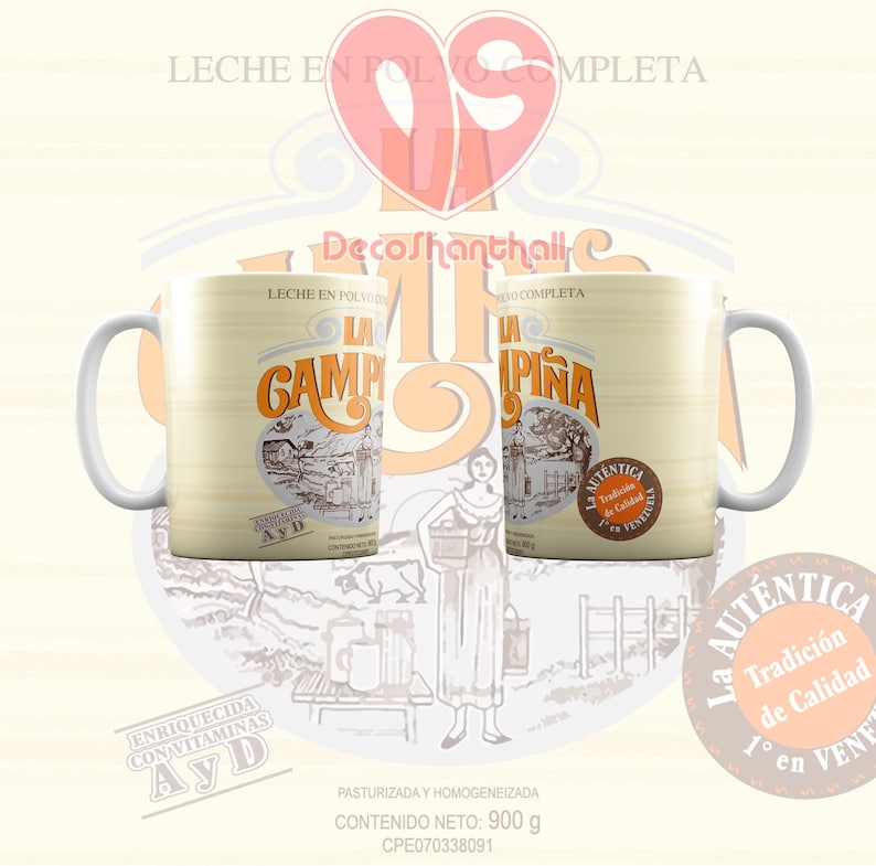 Puede incluir: Taza de cer&aacute;mica blanca con un dise&ntilde;o amarillo y naranja que presenta el texto "La Campi&ntilde;a" y un dibujo de una mujer cargando una cesta. La taza tiene un asa negra y el texto "Aut&eacute;ntica Tradici&oacute;n de Calidad 1&deg; en Venezuela" est&aacute; impreso en el lateral.
