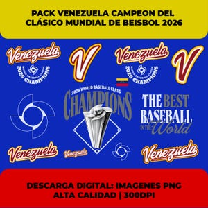 Op de afbeelding: Een blauw grafisch ontwerp met honkbalthema's en tekst. De logo's bevatten het woord "Venezuela" in een gestileerd lettertype, een honkbal en de tekst "2026 World Baseball Class Champions". De afbeelding bevat ook de tekst "The Best Baseball in the World".