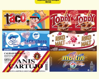 6 Plantillas editables de productos Venezolanos para tazas de café y tumblers en formato .png y  100% EDITABLES.EPS de bebidas venezolanas.
