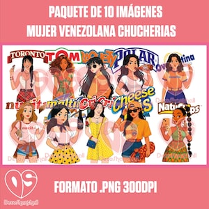 Puede incluir: Una impresión de arte digital con diez ilustraciones de mujeres con snacks y bebidas. El texto superior dice "PAQUETE DE 10 IMÁGENES MUJER VENEZOLANA CHUCHERIAS". El texto inferior dice "FORMATO .PNG 300DPI".