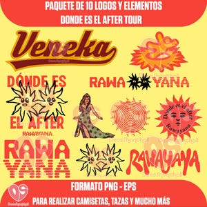 May include: A collection of ten logos and design elements in a variety of styles. The designs include text, suns, and a woman in a dress. The text includes the words "Veneka", "Rawayana", and "After Tour". The format is PNG and EPS.