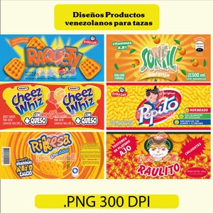 May include: A collection of Venezuelan snack food packaging designs. The image features various Frito Lay products, including Racketty crackers, Cheez Whiz cheese spread, and Pepito corn snacks. The packaging is colorful and includes text in Spanish.