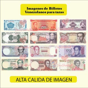 May include: A collection of Venezuelan banknotes, featuring various denominations and historical figures. The image includes text in Spanish, with a yellow banner at the top and bottom. The banknotes are arranged in rows.