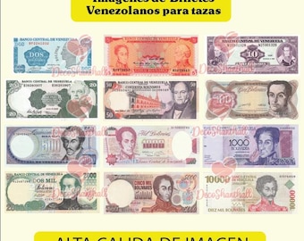 12 Venezuelan banknote designs, coffee mug templates, and high-quality PNG images of old Venezuelan banknotes.