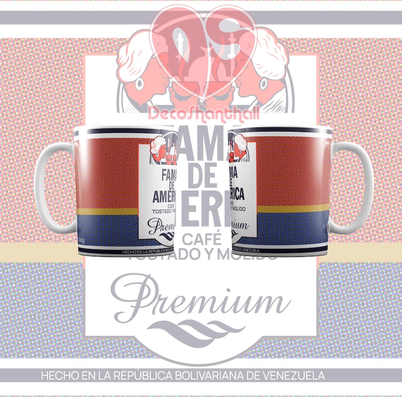 Puede incluir: Dos tazas de cer&aacute;mica blanca con un dise&ntilde;o rojo, amarillo y azul. Las tazas presentan el texto "Fama de America Cafe Tostado y Molido Premium". Las tazas est&aacute;n hechas en Venezuela.