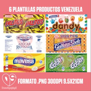 Puede incluir: Una colección de seis etiquetas de productos de Venezuela, incluyendo "Palitos de Chocolate", caramelos "Dandy", "Azúcar Refinada", "Galletas Soda", mayonesa "Mavesa" y refresco de manzana "Golden". Las etiquetas están en español.
