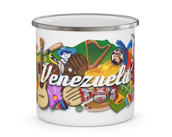 Venezuela icons collage Enamel Mug | Arepa, harp, orchids, tepuy, tequeños