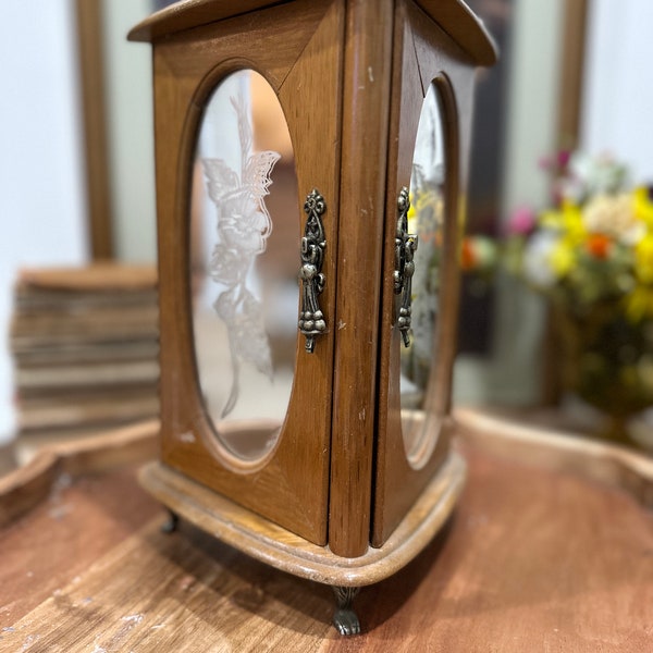 Vintage wooden armoire jewelry box/organizer with mirrored doors. Jewelry cabinet. Rings and earrings necklace organizer.