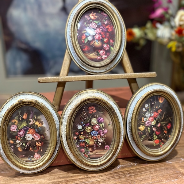 Vintage Mid Century Norleans Italian Antiqued Gold Oval Picture Frames Floral Wall Decor (set of 4)