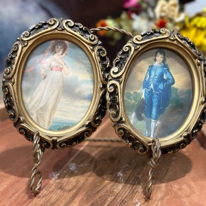 Vintage 1940's Pair ~ The Blue Boy, Gainsborough & Sarah Barrett Moulton, “Pinkie”, Lawrence ~ Gold Oval Framed