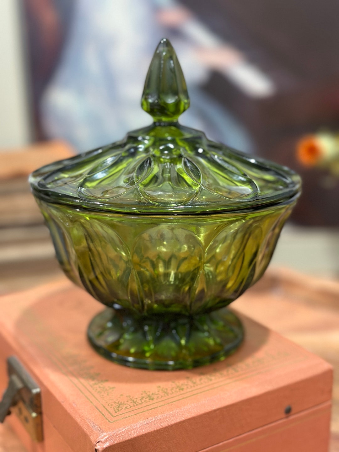 Green Pedestal Lidded Dish Fenton, Fenton Green Candy Dish Etsy