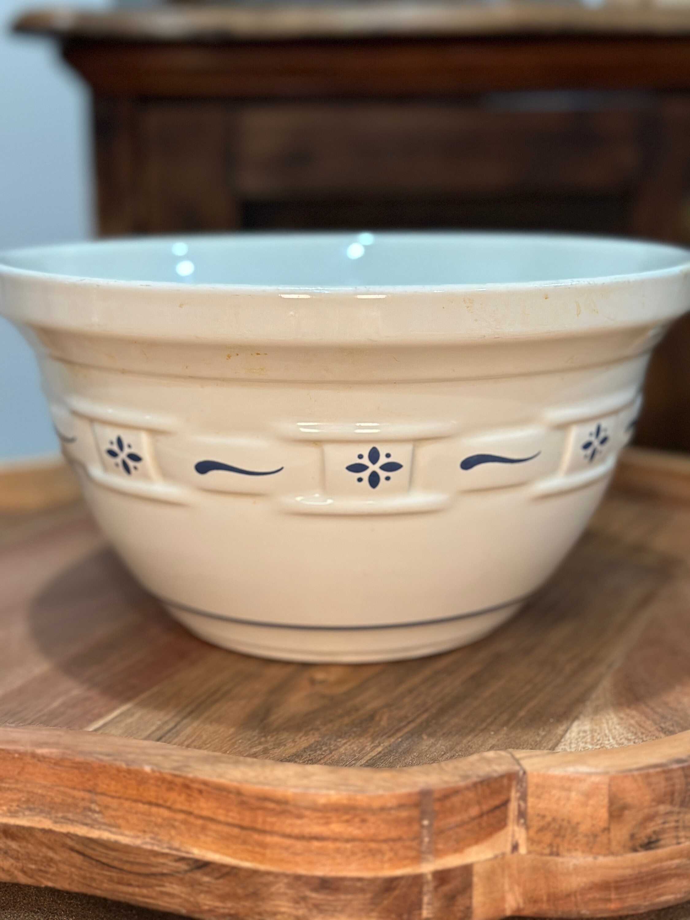 RARE Longaberger Pottery Mixing Bowls Set of 3 Blue Ivory Woven