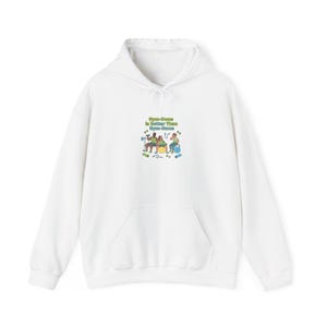 May include: White hooded sweatshirt with a front pocket and drawstring. The sweatshirt features a small graphic on the chest with the text "Gym-Done is Better Than Gym-Home" and illustrations of people exercising with weights and other equipment.