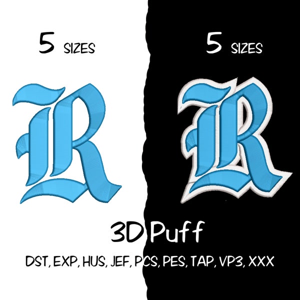 3D Puff " R " Old English Font Embroidery design. Logo Team Embroidery Machine files. Voluminous Sports Embroidery designs. 2 Set. SALE ***