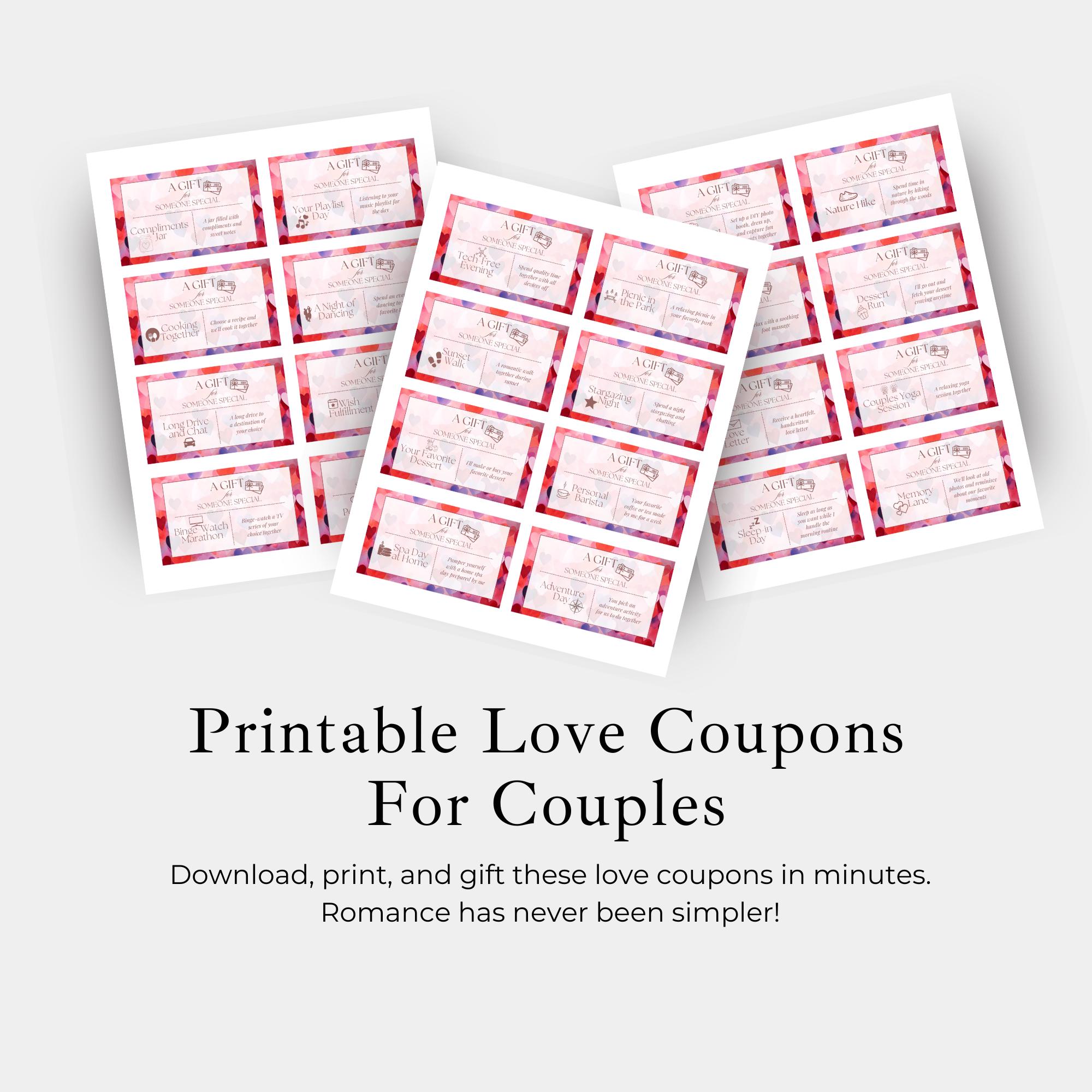 Printable Love Coupons for Couples Romantic Date Ideas Valentine's Day Gift Anniversary Surprise ...