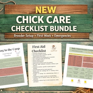 Pode incluir: Um conjunto de listas de verificação para o cuidado de pintinhos com o texto "NEW CHICK CARE CHECKLIST BUNDLE". Inclui listas de verificação para a configuração do incubatório, a primeira semana e emergências. Contém guias.