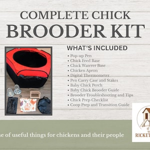 May include: Complete chick brooder kit with a pop-up pen, feed base, waterer base, apron, thermometer, perch, and guides. The kit includes a red and black pop-up pen and other accessories. The text reads "Home of useful things for chickens and their people."