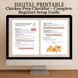May include: A computer monitor displays a digital printable "Chicken Prep Checklist - Complete Beginner Setup Guide." The checklist includes sections on brooder setup, feeding, watering, grit, and treats, with illustrations of baby chicks.