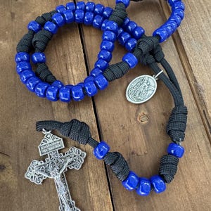 Handmade Paracord Saint Michael Rosary: Blue Acrylic Beads