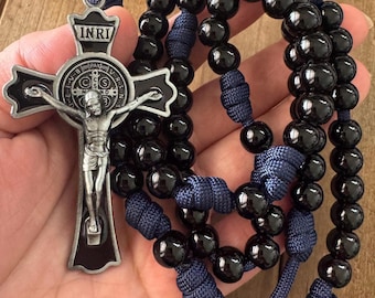 Handmade Blue Paracord Rosary: Large St. Benedict Crucifix, Black Beads