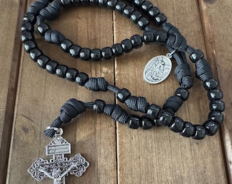 Handmade Paracord Saint Michael Rosary: Black Acrylic Beads