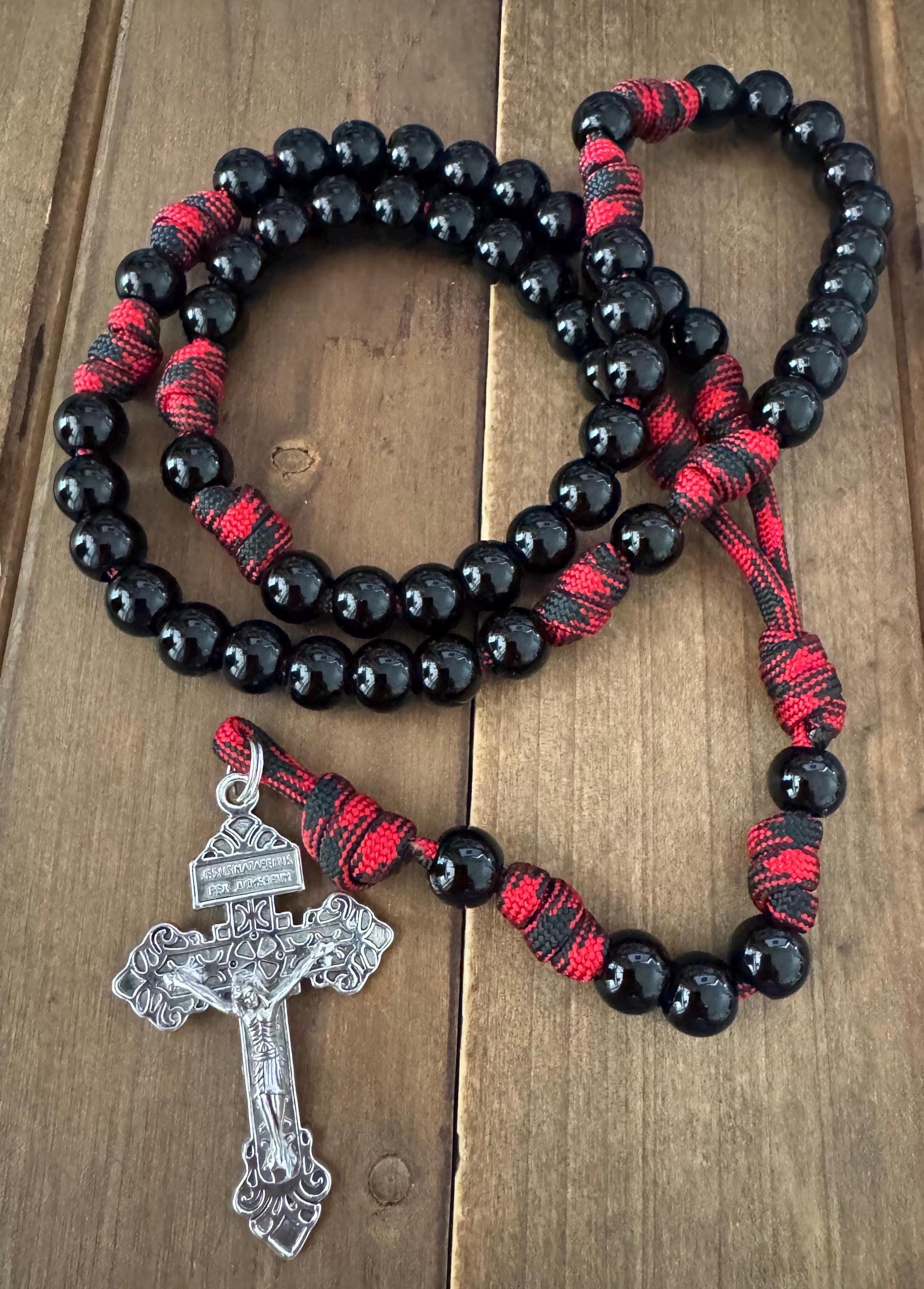 Handmade Catholic Rosary: Black Acrylic Beads, Red/black Paracord