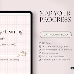 Puede incluir: Un planificador digital de aprendizaje de idiomas en una tableta. El planificador presenta un fondo de cuadrícula y el texto "Language Learning Planner" y "Map Your Progress". También incluye "Digital Download" y viñetas que enumeran características.