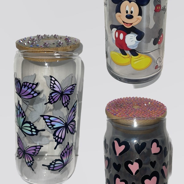 Mickey Mouse Disney Cup | Butterfly Cup | Pink Hearts Cup 16oz Glass Can with Straw and Bamboo Lid, Perfect for Gift.