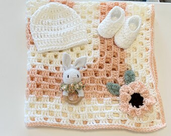 Crochet Baby Blanket Crib Blanket, Crochet Hat Booties Peach