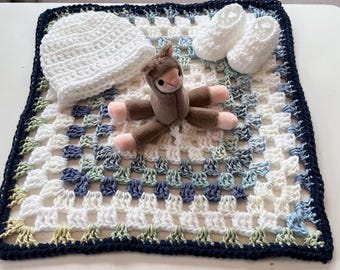 Crochet baby blanket lovey, Crochet hat and booties, llama toy attached to handmade baby lovey, snuggy security blanket toy, baby gift set