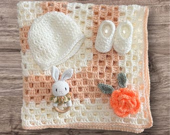 Crochet Baby Blanket , Crib Blanket, Crochet Hat & Booties peach white  sage Baby Blanket, Afghan, Handmade Heirloom blanket, baby gift
