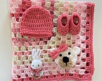 Handmade Crochet Baby Blanket: Pink and cream baby blanket with Bear applique,gift  set with baby rattle, Hat and matching  Booties