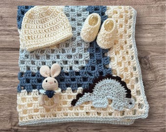 Crochet Baby Blanket, Handmade Crochet Hat Booties Baby Blanket, Dinosaur blue cream brown  Baby Blanket, Crib blanket handmade baby blanket