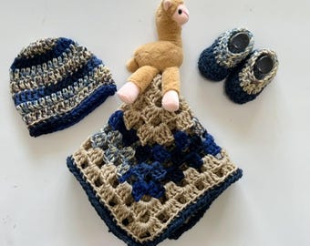 Crochet baby blanket lovey, Crochet hat and booties, llama toy attached to handmade baby lovey, snuggy security blanket toy, baby gift set