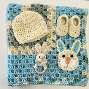Handmade Crochet Baby Blanket, Crochet Hat booties gift set, Heirloom afghan, bunny  ivory sage  and blue blanket, crib throw blanket