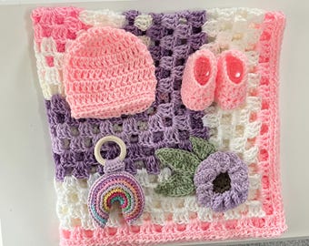 Crochet Baby Blanket set, Crochet Hat Bootie rattle  crib blanket, pink and purple baby blanket flower, Handmade Afghan Heirloom baby gift