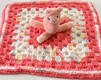 Crochet Baby Blanket Lovey Set: handmade lovey with llama toy attached, Hat and Booties
