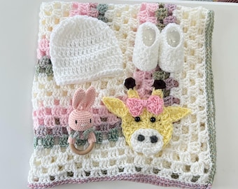 Gehäkelte Babydecke, Kinderwagen Babydecke, Afghan, handgemachte Babydecke mit Giraffe, handgemachtes Baby Geschenk Set, Baby Hut Booties