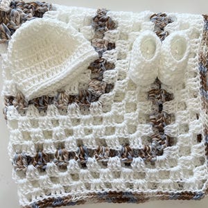 Crochet Baby Blanket set , handmade baby blanket Hat  Booties, Baby Blanket heirloom afghan, tan and white crib stroller car seat blanket