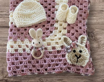 Crochet Baby Blanket, Crib Blanket bedding, Crochet hat booties Pink and cream Crochet Llama Baby Blanket, Afghan, Handmade Heirloom blanket