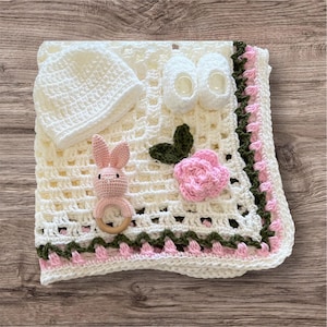 Crochet Baby Blanket set, Crib Blanket,Hat & Booties pink white sage tulip border baby Blanket, Afghan, Handmade Heirloom blanket, baby gift