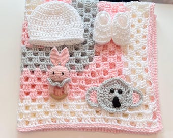 Crochet Baby Blanket, Crib Blanket, hat and Booties, white and pink koala ,Handmade Crochet Blanket, Afghan,Heirloom,baby blanket