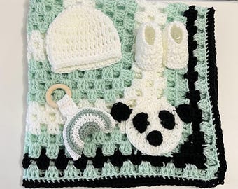 Crochet panda applique Baby Blanket, Hat and  Booties Set: white pale green handmade baby  crib blanket set with handmade rattle