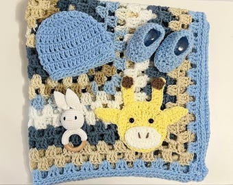 Gehäkelte Babydecke, handgemachte Babydecke Hat Booties, Babydecke Heirloom afghan, blaue und weiße mehrfarbige Giraffeapplikationsdecke