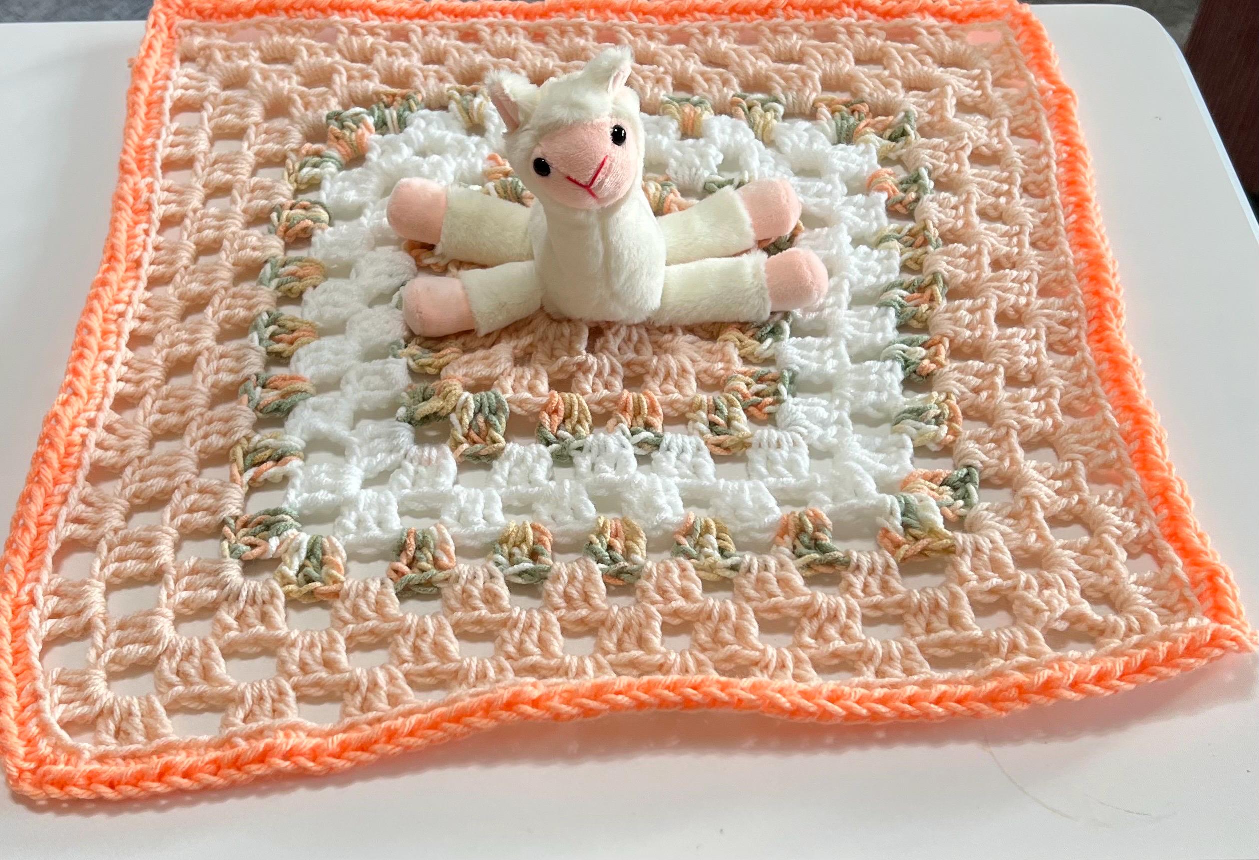 Crochet baby blanket lovey, llama toy attached to handmade baby lovey, snuggy security blanket toy, baby gift set